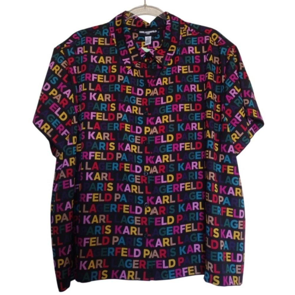KARL LAGERFELD PARIS‎ Button Up Shirt Women 1X Multi Monogram Short Sleeves